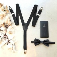 Jual paket hemat! suspender hitam dan dasi kupu hitam polos Murah
