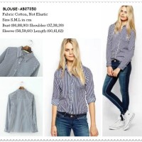 Baju Kemeja Blouse Hem Kerja Kantor Wanita Korea Garis Stripe AB27250