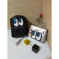 Tas Wanita Import J19429 Black Silver 2in1 Bag Eyes Hermes Ransel