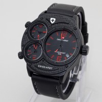 JAM ORIGINAL MURAH/JAM TANGAN SWISS ARMY TRIPLE TIME KULIT HITAM MERAH