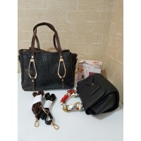 TAS 2IN1 IMPORT MURAH HITAM BLACK WANITA MODIS KOREA HANDBAG CANTIK PU