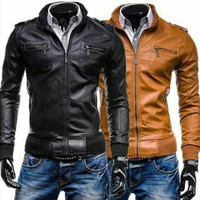 Jual *PROMO* Jaket Semi Kulit Sintetis Police Pria Black/ Tan Murah