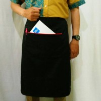 Jual apron half / celemek half warna hitam strip merah Murah