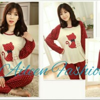Baju Tidur Piyama Lengan Panjang Cantik Wanita Cute Cat Maroon