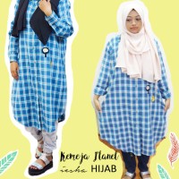 Kemeja Wanita big size Flanel Biru dengan Patch, Tunik, Hijab, Busui