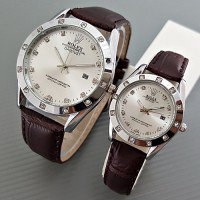 Jual Jam Tangan Rolex Couple Leather Brown Silver Harga Sepasang Murah
