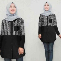 KEMEJA TUNIK WANITA POLOS KOMBI ZIG ZAG HITAM LENGAN PANJANG