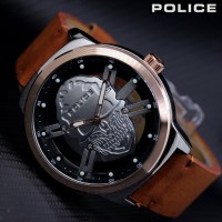 Jam Tangan Police Tengkorak PL 009 Analog Tali Kulit Murah
