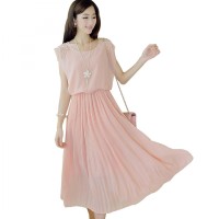 Jual Dress Wanita Korean Style Sleeveless Chiffon Dress Pink Murah