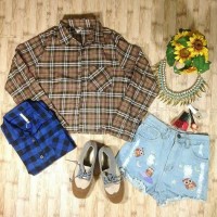 Jual kemeja collar tartan crop jangkis katun flanel choco brown simple Murah