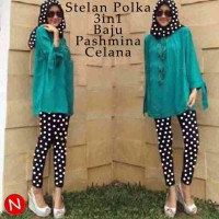 hijab 3in1 kaos lengan panjang polos tosca + pashmina + celana polkado