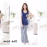 Setelan Tanktop Panjang Wanita Salur Blue Navy - Baju Tidur Karakter