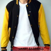 Jual JAKET POLOS BASEBALL HITAM KUNING! SWEATER PRIA WANITA MURAH VARSITY Murah