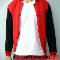 Jual JAKET POLOS BASEBALL MERAH HITAM ! SWEATER PRIA WANITA MURAH VARSITY Murah
