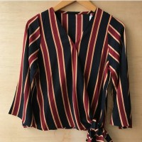 Jual OK102 BLOUSE TOP ATASAN WANITA V NECK STRIPE SALUR IKAT REALPIC Murah