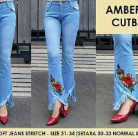 Celana Jeans Wanita Amber Flower Patch Cutbray Bunga Bordir Big Size