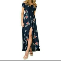Sexy Off Shoulder Split Dress Women Short Sleeve Floral Print Boho