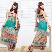Jual LONG DRESS IMPORT CORAK ETNIC HIJAU (693) Murah