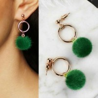 Jual Anting - Pompom Ring Stud Earrings Dark Green 02C7EDr Murah