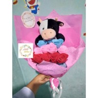 Jual Bucket bunga flanel dan boneka sapi / buket / bouquet kado ultah Murah