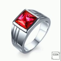 Cincin Pria Titanium Lapis Emas Putih 18K Batu CZ Ruby Red C226