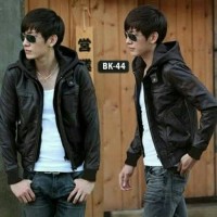 Jaket Semi Kulit Sintetis Hoodie Pria Full black