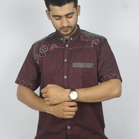 Fashion Muslim Pria Baju Koko Lengan Pendek Warna Merah Bordir