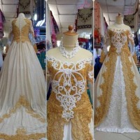 Kebaya Pengantin Bordir Ekor Panjang Broken White Gold Mewah Elegan