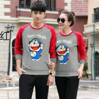 Baju Couple Lengan Panjang Blouse Kimono Doraemon Love Music Misty Red