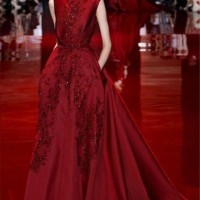 GAUN/ Elie Saab Burgundy Appliques Backless Celebrities Evening Dress