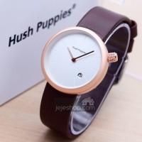 Jam Tangan Wanita Hush Puppies HP032 Bulat Tali Kulit Coklat Putih