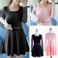 IMPORT Lace Flare Mini DRess Pink Brukat Brokat Renda Hitam Murah