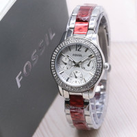 Jam Tangan Wanita / Cewek Fossil Chrono Kombi Mica Rantai Red Silver