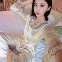 TERKINI Baju Tidur Wanita Lengan Celana Panjang Gold Silk Satin wanit