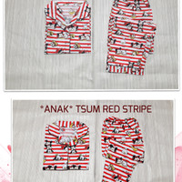 BAJU TIDUR PIYAMA KATUN COUPLE FAMILIY IBU DAN ANAK TSUM RED STRIPE