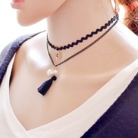 LRC Kalung Wanita Elegant Black Pearl&tassel Pendant Decorated C66774