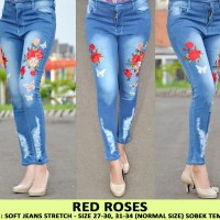 Jual CELANA PANJANG JEANS MURAH WANITA RIPPED JEANS BORDIR RED ROSES Murah