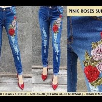 CELANA JEANS MURAH WANITA RIPPED JEANS SOBEK BORDIR BUNGA PINK ROSES