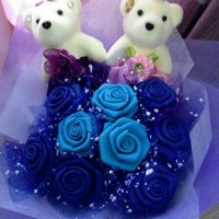 Jual Buket Bunga DIY (9 bunga mawar biru + 2 boneka bear) Murah