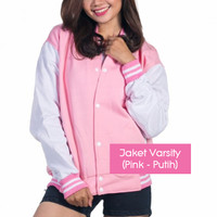 Jual JAKET POLOS BASEBALL PINK PUTIH! SWEATER DISTRO MURAH VARSITY WANITA Murah