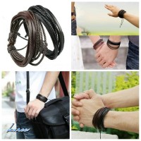 Jual Gelang kulit pria wanita leather bracelet couple pasangan hitam coklat Murah