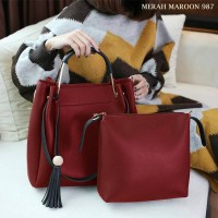 Jual Tas Wanita Import Trendy 2in1 NS987 Merah Hitam Abu Murah