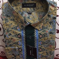 Kemeja Alisan Batik Corak Kembang Kuning Hitam Lengan Panjang 16.5-34
