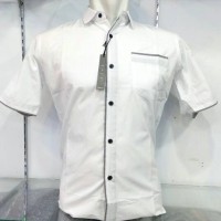 Jual Kemeja Slim Fit Fashion Pria Putih Lis Abu Lengan Pendek KPL-86a Murah