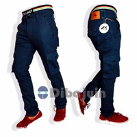 TERLARIS Celana pria panjang Cargo cino biru navy bahan twill