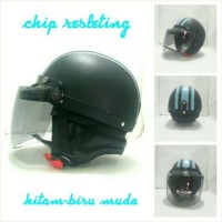Helm Bogo Retro Chip Resleting Hitam Biru Muda + Kaca Bogo Flat