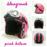 Helm Bogo Retro SNI Kulit Blongsonk Pink Hitam + Kacamata Chrome