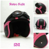 Helm Bogo Retro Kulit Classic SNI Pink Hitam + Kacamata