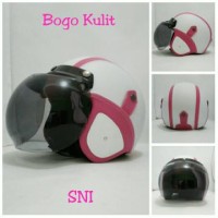 Helm Bogo Retro SNI Kulit Classic Pink Putih Cantik + Kaca Bogo Ori