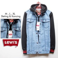 Jaket Jeans Denim Levis Hoodie Pria Kombinasi Fleece Cowok Lelaki Laki